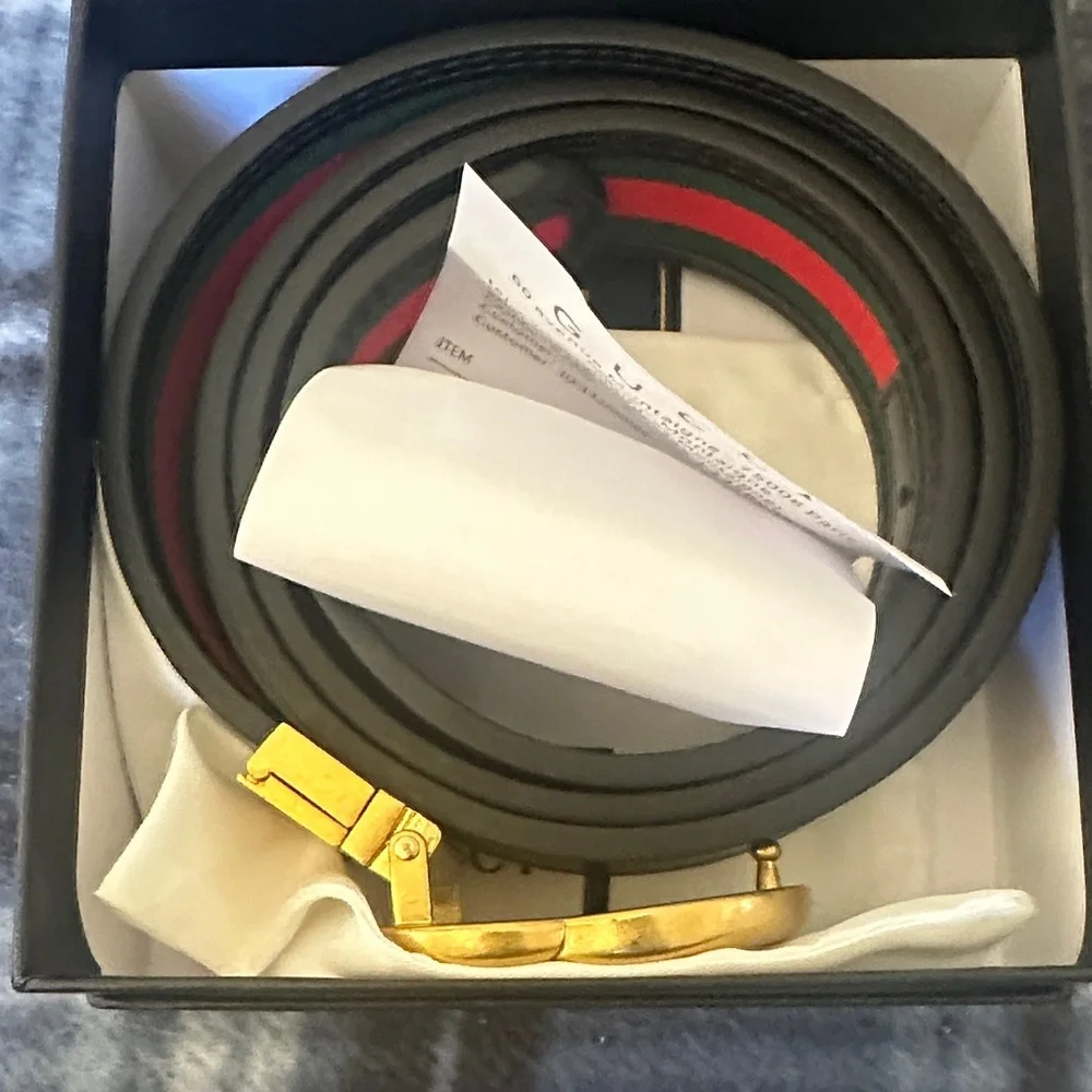 Gucci Black Leather Belt with Green & Red Web and Gold Double G Buckle Size 120